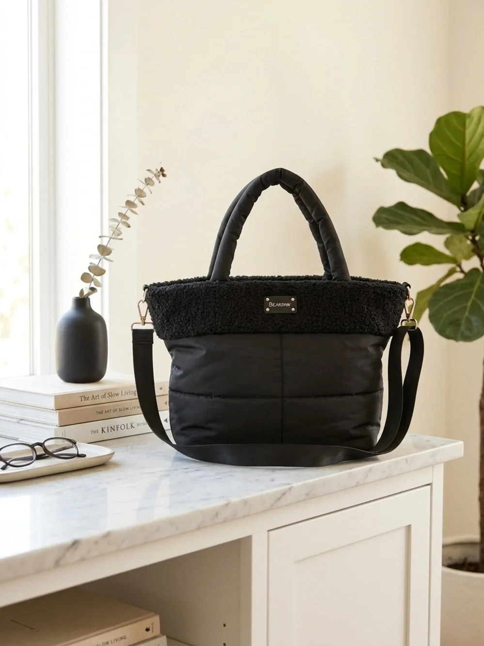 Bearpaw Black Quilted Puffer Tote Bag with Cozy Faux-Shearling Trim